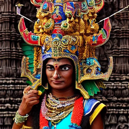 Image similar to a woman wearing an armor and head - dress. the armor and head - dress is made out of the colors, textures and sculptures of the meenakshi temple in madurai. intricate. detailed.