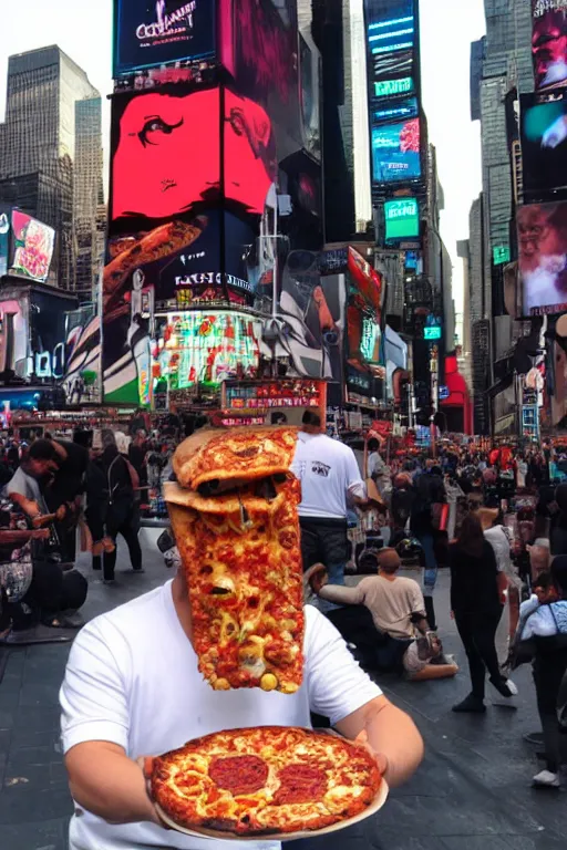 Prompt: a Cthulhu rapper eating pizza in Times Square