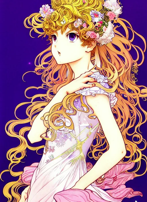 Image similar to exquisite imaginative manga poster of a fairy princess, long wavy hair, rococo ruffles dress, shimmering, by shigenori soejima, minaba hideo, katsuhiro otomo, alphonse mucha, jump comics, illustration, artstation, dark fantastic, highly detailed, 8 k, fluorescent, fluorescent, maximalist