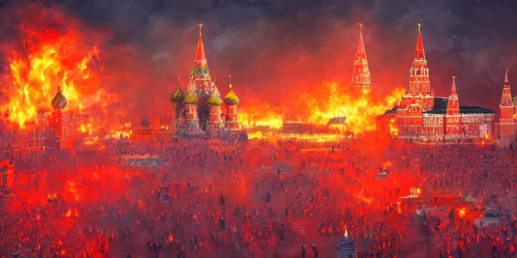 Image similar to beautiful image of burning Red Square in Moscow with fire, saturated, detailed lighting, high quality, sharp focus, intricate, digital painting, artstation, 8k