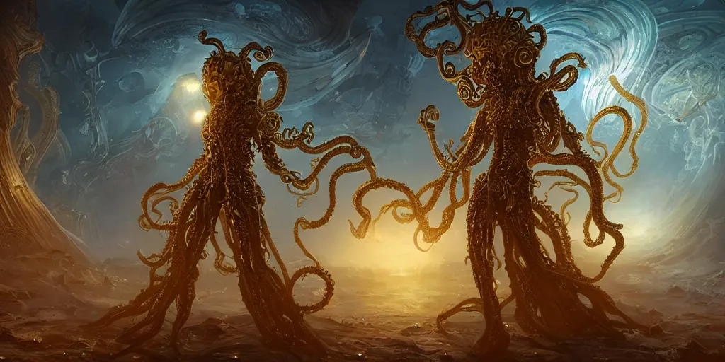 Prompt: corrupted lovecraftian golden humanoid queen standing next to a spaceship window overlooking earth, 8 intricate white and gold tentacles, ornate white and gold armour, fantasy, cinematic lighting, highly detailed, digital painting, artstation, concept art, smooth, sharp focus, illustration, warm light, cozy warm tint, magic the gathering artwork, volumetric lighting, 8k, no gold, no gold colours, art by Akihiko Yoshida, Greg Rutkowski