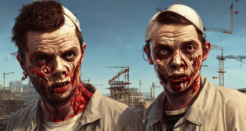 Image similar to highly detailed portrait construction worker zombie in gta v, building construction site, stephen bliss, unreal engine, fantasy art by greg rutkowski, loish, rhads, ferdinand knab, makoto shinkai and lois van baarle, ilya kuvshinov, rossdraws, tom bagshaw, global illumination, radiant light, detailed and intricate environment