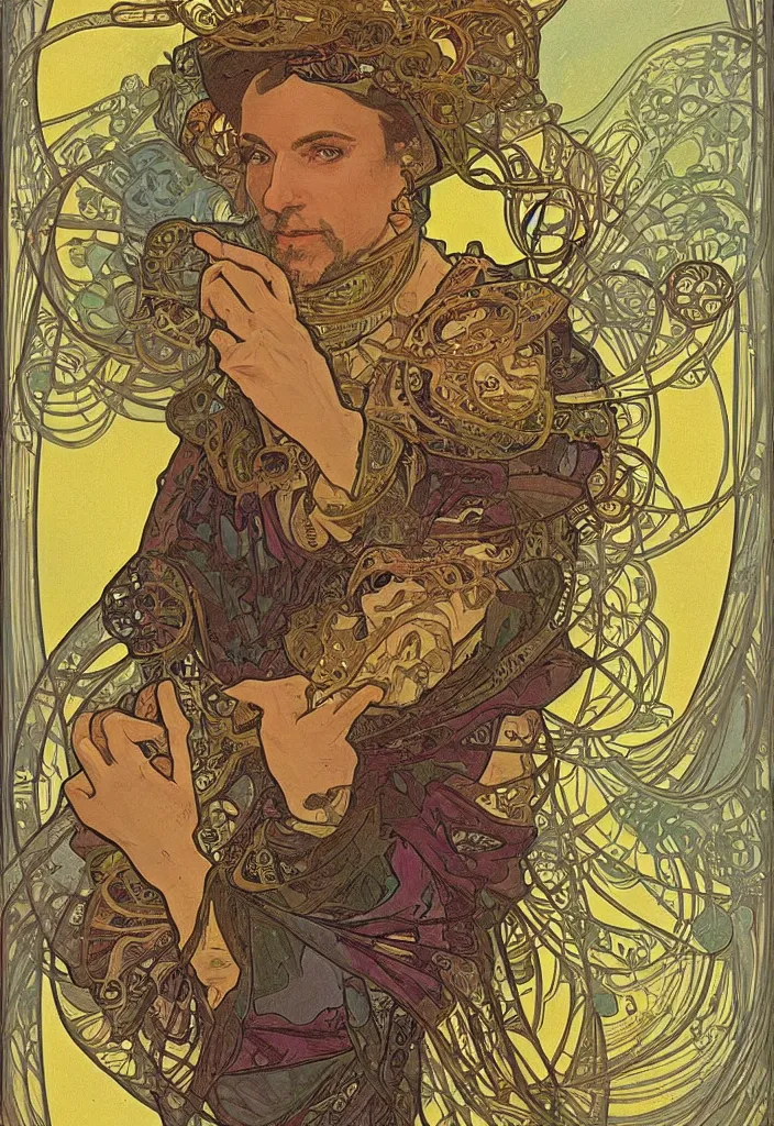 Image similar to Jurgen Schmidhuber on a tarot card, tarot in art style by Alphonse Mucha