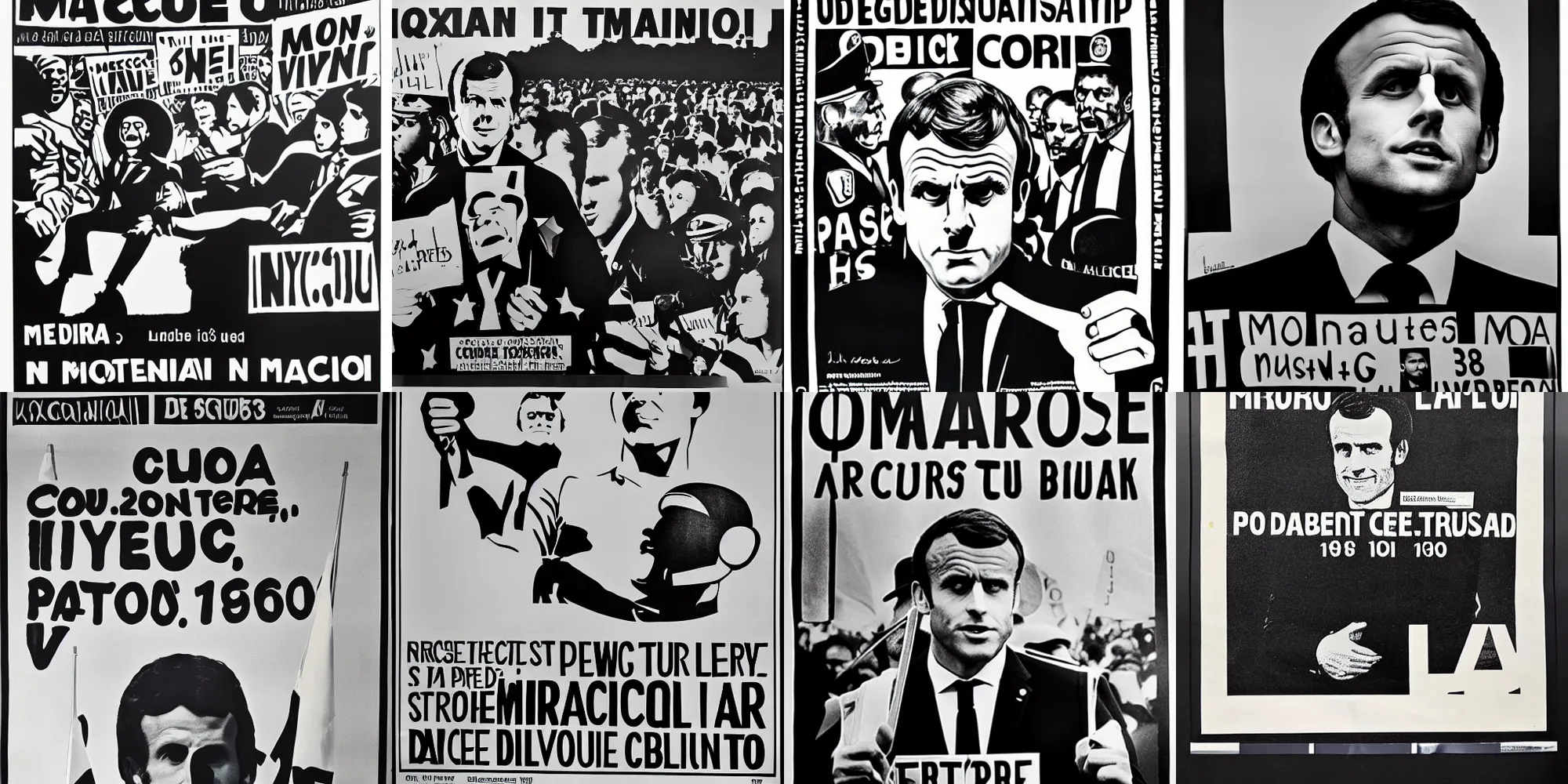 Prompt: macron on a 1 9 6 8 protest poster, police, black and white