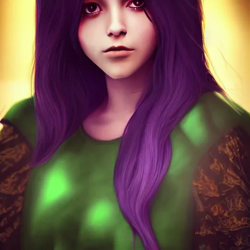 Prompt: portait elissar zakaria khoury, centred, sadness look, long purple hair, hd, unreal engine, final fantasy style amazing green background theme