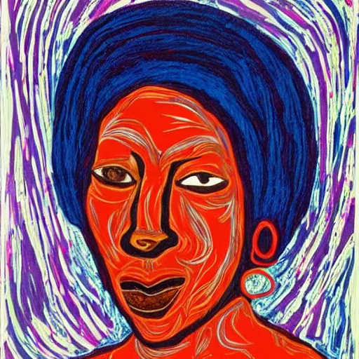 Prompt: by emily kame kngwarreye cerulean. a print of a head & shoulders view of a woman with dark skin. the woman's hair is styled in braids, & she is wearing a headscarf. she has large, dark eyes, & her expression is solemn.