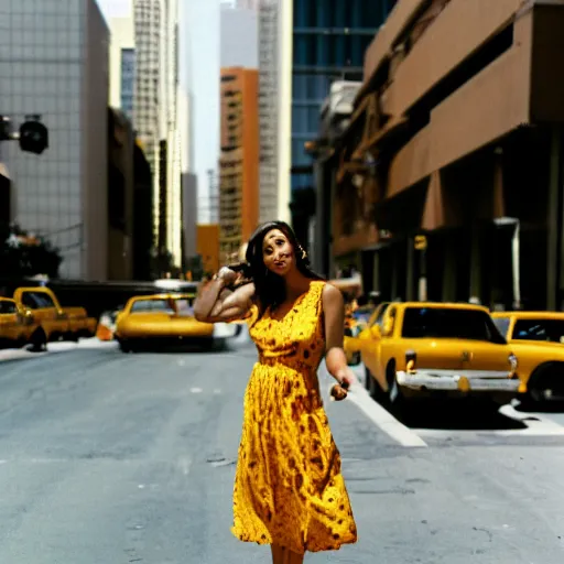 Image similar to portrait photo of a beautiful brown hair woman in a yellow sun dress in downtown Los Angeles, Kodak Portra 400 film