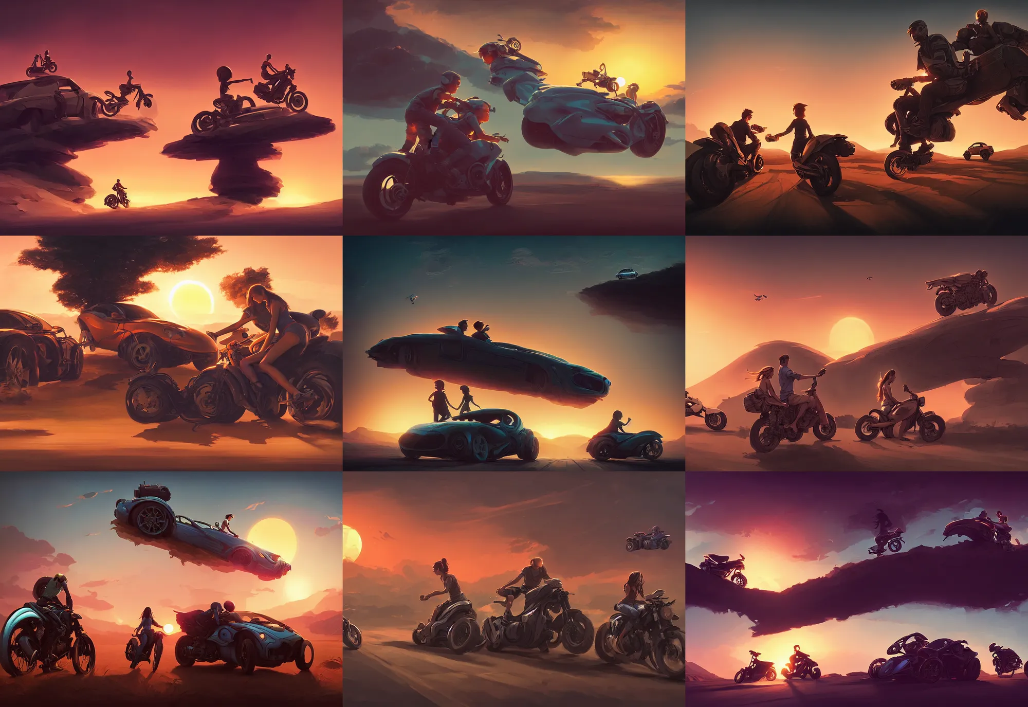 Prompt: boy and girl driving moto, sunset, inspired by greg rutkowski, android jones, beeple, rhads, shaun tan, frostbite 3 rendered