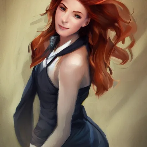 Image similar to a portrait of a young woman with auburn hair, smart, rich, traveling clothes, artist, artistic, shallan davar, blue eyes, beautiful, smiling, thick hair, dnd, rpg, shy, quick witted, artgerm style