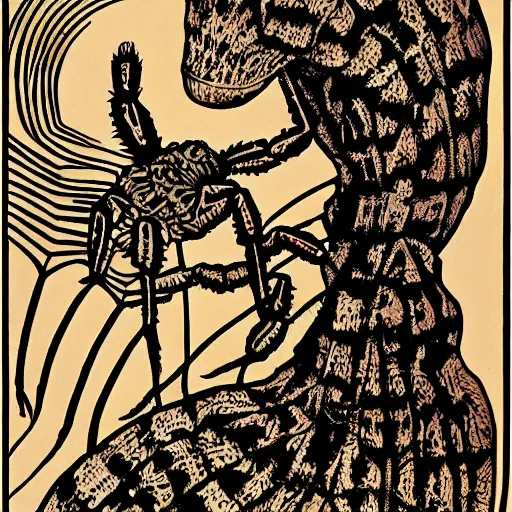 Image similar to a girl with a spider, colored woodcut, poster art, by Mackintosh, art noveau, by Ernst Haeckel