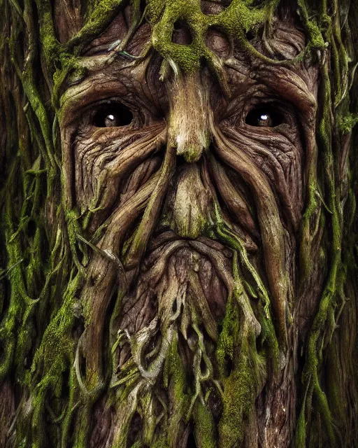 Image similar to a talking oak tree, a face in the bark, nose made of wood, eyes in the bark, fantasy concept art, leaves and moss, digital painting, oil painting, hyperrealistic, beautiful, treebeard, ent, highly detailed, soft lighting, golden sunlight, very detailed eyes, artstation, cgsociety, in the forest, by alan lee, by artgerm