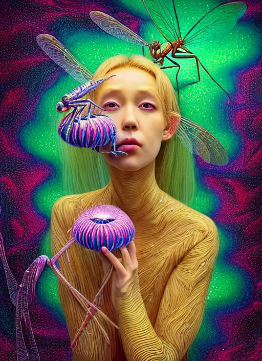 Image similar to hyper detailed 3d render like a Oil painting - kawaii half visceral portrait Aurora (gold haired Singer Praying Mantis Dragonfly) seen Eating of the Strangling network of yellowcake aerochrome and milky Fruit and Her gilded compound eyes delicate Hands hold of gossamer polyp blossoms bring iridescent fungal flowers whose spores black the foolish stars by Jacek Yerka, Mariusz Lewandowski, Houdini algorithmic generative render, Abstract brush strokes, Masterpiece, Edward Hopper and James Gilleard, Zdzislaw Beksinski, Mark Ryden, Wolfgang Lettl, hints of Yayoi Kasuma, octane render, 8k