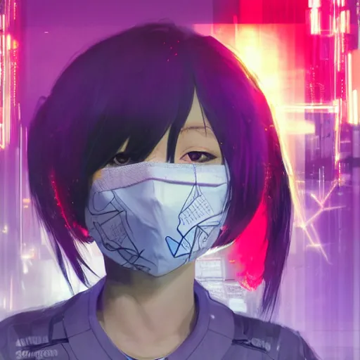 Image similar to portrait of the tokyo - ghoul masked joyful adolescent tiktoker girl aurora, purple dawn in neon santiago of chile on the background, concept art by yoji shinkawa, ryuichi sakamoto, esao andrews and yoshitaka amano