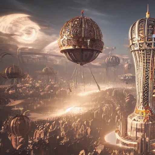 Image similar to enormous flying city in a faberge egg, sky, steampunk, fantasy art, unreal engine, unreal engine