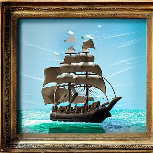 Image similar to A pirate on the high seas that has magical pearlescent shimmering see through sails