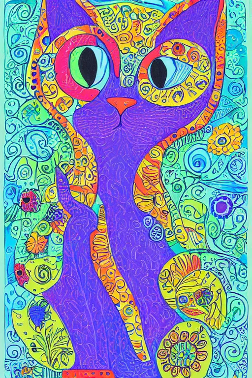 Prompt: beautiful art illustration of cat by laurel burch