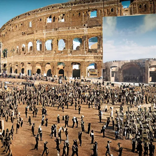 Image similar to the gladiator in the arena welcomes the emperor of rome, a view from the back of the gladiator to the colosseum, a detailed view of the stands, hyperdetailed, octane render, 8 k