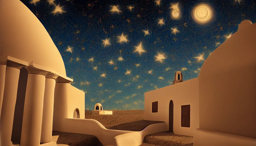 Image similar to 🌟🌜🎆, Art Deco, in SANTORINI island, starry night, Trending artstation, octane render, cgsociety, surrealist, cinematic, shadow of the tomb rider