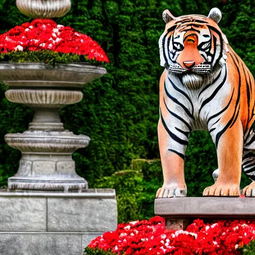 Prompt: a statue of a tiger [ fabricated with [ roses ]!! ], [ 4 k photorealism ]!!, best of unsplash, trending on unsplash, unsplash contest winner