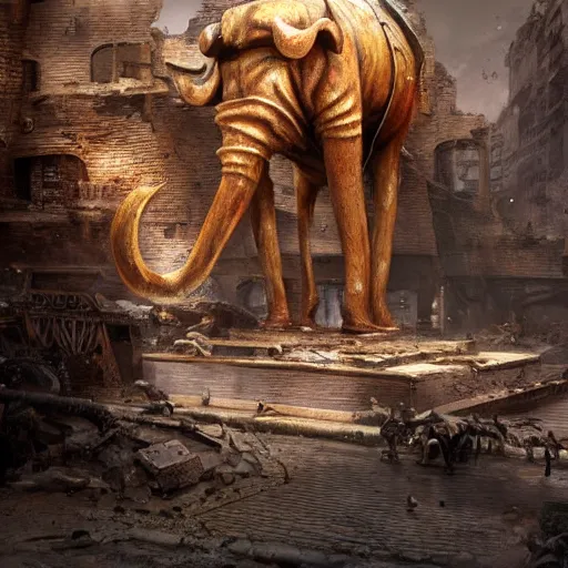 Image similar to golden mammoth golden golden mammoth in a ruined city in a ruined city stylized artgerm artstation hd cgsociety cgi realistic dramatic cinematic artistic trending detailed