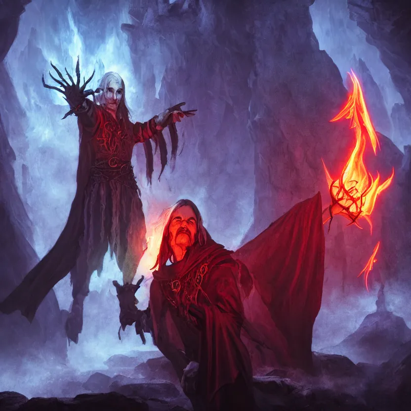 Prompt: a WOTC DnD archmage wizard, spellcasting fire magic spell, sinister dungeon scene, high contrast, cinematic ambient lighting, fantasy LOTR matte painting illustration