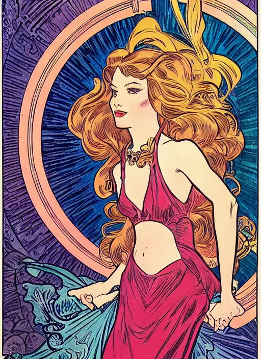 Prompt: a beautiful young woman. she is an elf, a fairy. well composed, clean elegant painting, beautiful detailed face. retro comic book art by steve ditko and jack kirby and ( alphonse mucha )