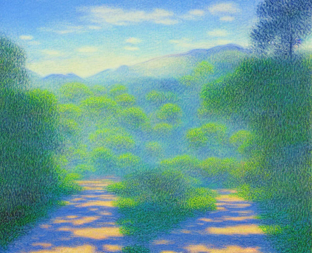 Image similar to a landscape pastel in the style of noriyoshi ohrai and monet of a blue reflective path to some misty mountains in the background. along the path stands pillars that reflect in the water. key art. 4 k fantasy