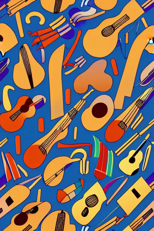 Prompt: seamless 2 d pattern of abstract musical instruments, highly detailed, designed by tarsila do amaral and henri rousseau, graphic design, 8 k, 4 k