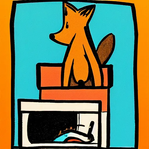 Image similar to fox peeking out from a box, cartoon drawing