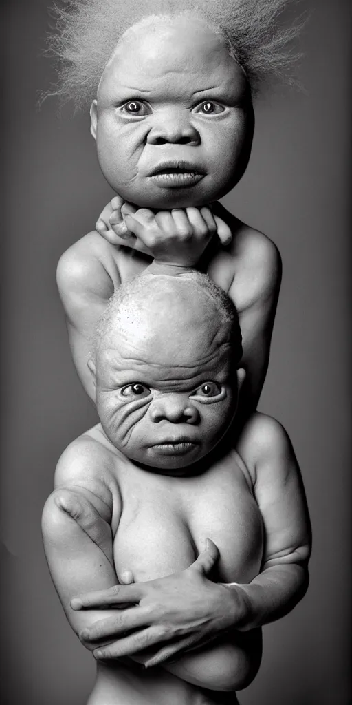 Image similar to award winning photo of african albino baby, dark colors, scary, symmetrical face, beautiful eyes, studio lighting, wide shot art by sally mann & arnold newman & h. r. giger