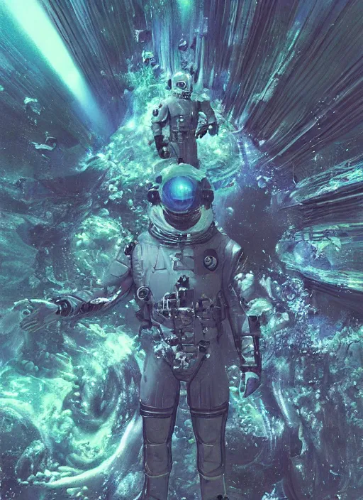 Image similar to astronauts in dark void underwater - complex and hyperdetailed technical suit. reflection and dispersion materials. rays and dispersion of light. volumetric light. f / 3 2. noise film photo. flash photography. ultra realistic, wide angle. poster by wayne barlowe, hajime sorayama aaron horkey, craig mullins