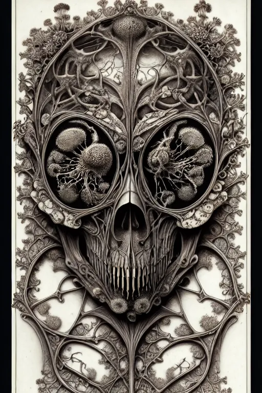 Image similar to art forms of nature by ernst haeckel, memento mori by arthur rackham, ornate antique porcelain beautiful skull mask, ultrasharp, photorealistic, hyperdetailed, octane render, polished, art nouveau, neo - gothic, gothic, intricate ornamental organic filigree, art nouveau botanicals, art forms of nature by ernst haeckel, horizontal symmetry, symbolist, visionary