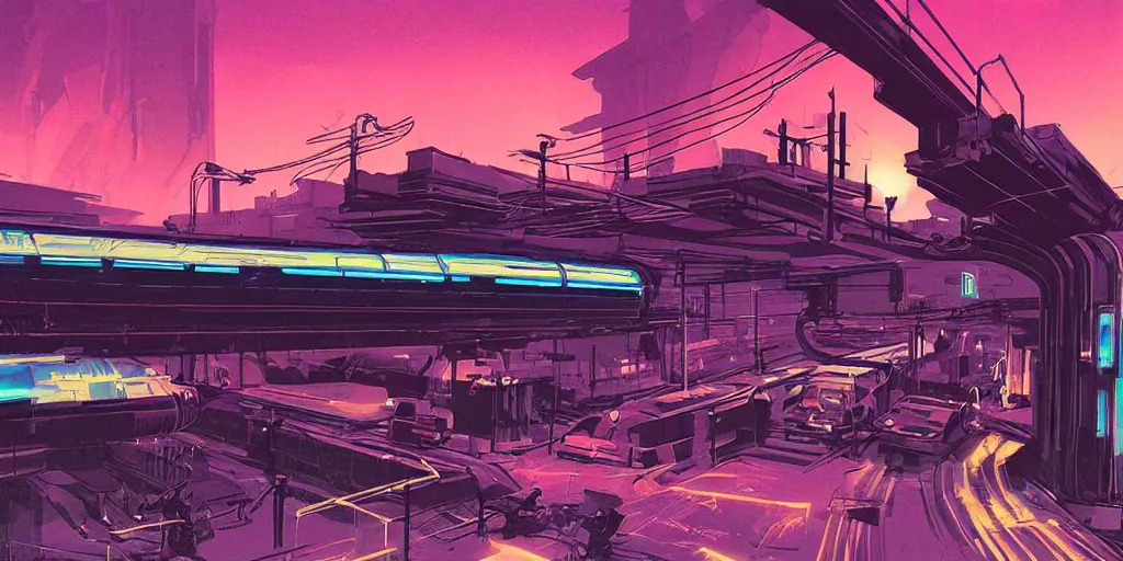 Prompt: post apocalyptic wasteland neon futuristic cyberpunk vaporwave glow sunset clouds sky subway tunnel illustration by syd mead concept art