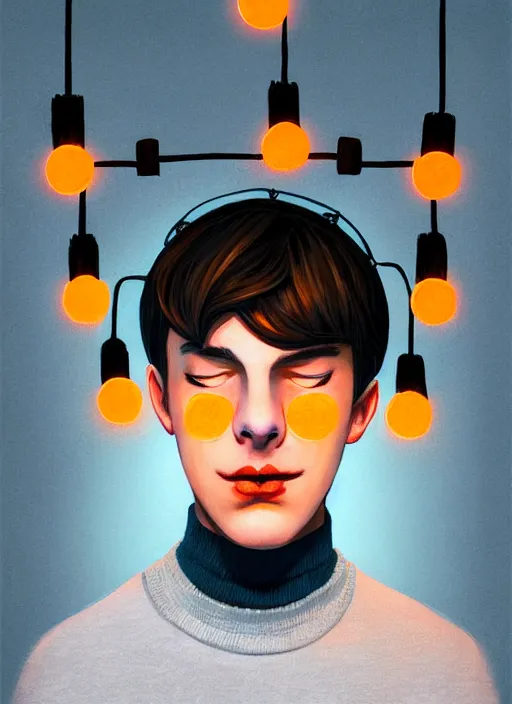 Image similar to portrait of teenage jughead jones wearing a light grey crown, symmetrical crown, sweater with picture of hamburger, eyes closed, crown, black hair, orange, intricate, elegant, glowing lights, warm lighting, highly detailed, digital painting, artstation, concept art, smooth, sharp focus, illustration, art by wlop, mars ravelo and greg rutkowski