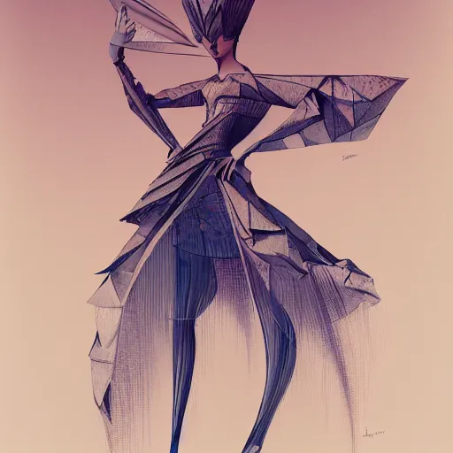 Image similar to 3 / 4 view of a beautiful girl wearing an origami dress, ground - level medium shot, elegant, by eiko ishioka, givenchy, philippe druillet, by peter mohrbacher, centered, fresh colors, origami, fashion, detailed illustration, vogue, high depth of field, japanese, reallusion character creator