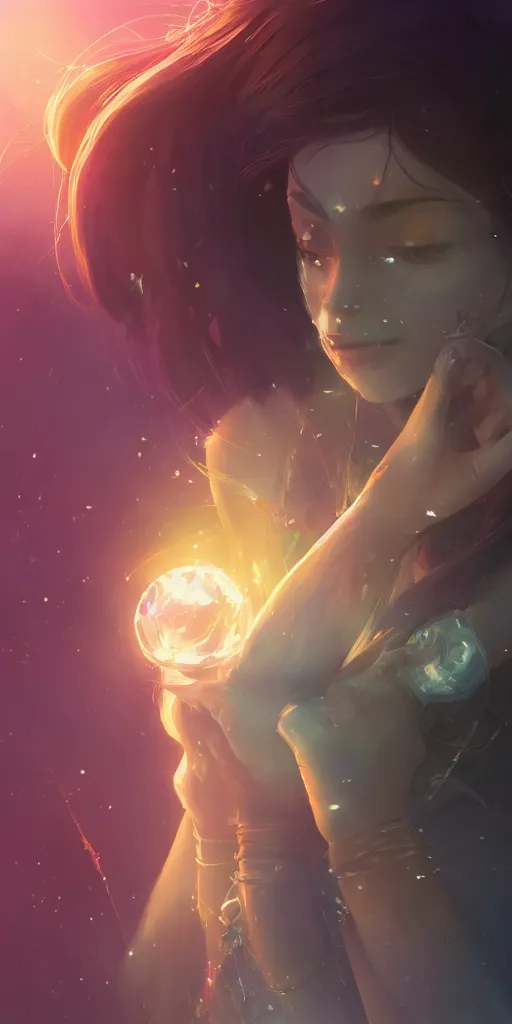 Image similar to beautiful young Himalayan woman with psychic powers, holding crystals, sad, futuristic, somber, by Makoto Shinkai and Wojtek Fus, by studio trigger, rossdraws, dramatic lighting, reflective light