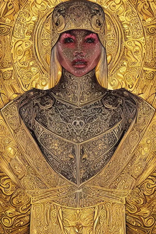 Prompt: beautiful portrait of a exotic woman in feminine plate armor with symmetrical features and solemn expression, intricate detail, elaborate, regal, royal relief, swirling clouds, glowing particles, etched relief, radiant vibrant colors