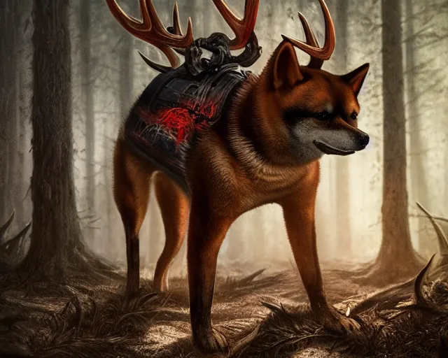 Image similar to 5 5 mm portrait photo of an armored demonic shiba inu with antlers, in a magical forest. dark atmosphere. art by greg rutkowski. highly detailed 8 k. intricate. lifelike. soft light. nikon d 8 5 0.