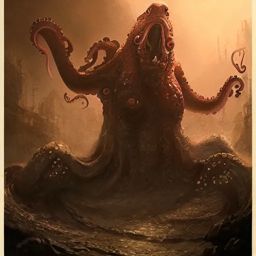 Image similar to ted cruz morphing into a slimy octopus monster and destroying a city, greg rutkowski, trending on artstation,