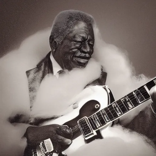 Image similar to b. b king, sitting in a fluffy cloud, playing an electric semi - hollow guitar. beautiful realistic render, dramatic, moody