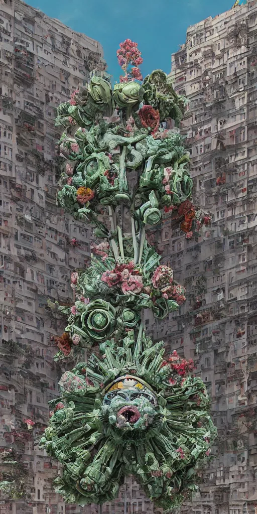 Prompt: colossal grotesque flower made from communist dreams in the middle of abandoned post soviet constructivist cityscape, Stalinist architecture, ultradetailed by Hayao Miyazaki and Josan Gonzalez and Makoto Shinkai and Giuseppe Arcimboldo and Wes Anderson