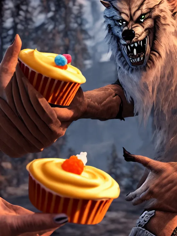 Image similar to cute handsome cuddly burly surly relaxed calm timid werewolf from van helsing holding a delicious cupcake with orange frosting in a candy shop sweet unreal engine hyperreallistic render 8k character concept art masterpiece screenshot from the video game the Elder Scrolls V: Skyrim