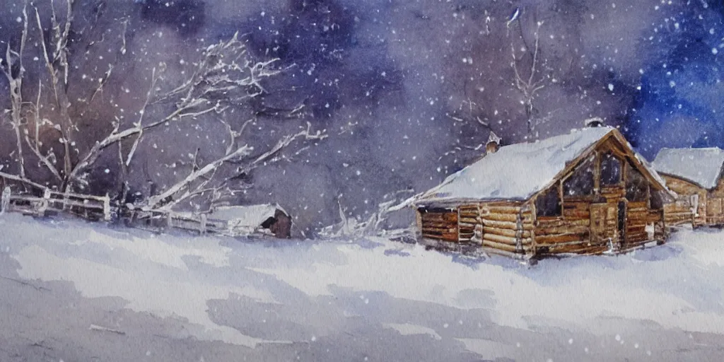 Image similar to a watercolor painting of a cabin in a snowy landscape, at night, painted by lars lerin, expressionism, messy snow storm