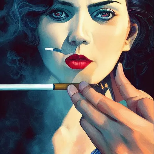 Prompt: a beautiful woman smoking a cigarette as a bandit, highly detailed, sharp focus, digital painting, artwork by martine johanna + joe jusko + Victor Adame Minguez + Yuumei + Tom Lovell + Sandro Botticelli