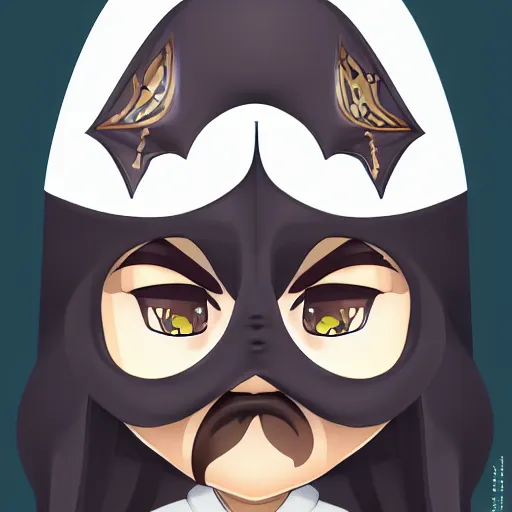 Image similar to face detailing portrait painting of wizard in the style of matte painting nendoroid and chibi, eyes in the style of nendoroid, middle close up, Julian ope, flat shading, 2D illustration, Swiss modernizm, ukiyoe style, simple dark backgrounds