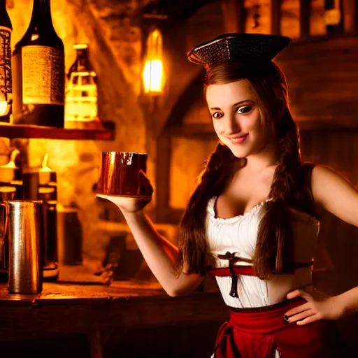 Prompt: young attractive beautiful bar maid in a medieval tavern at night, 4 k detail fantasy, photo realistic, cinematic, filmic, studio lighting