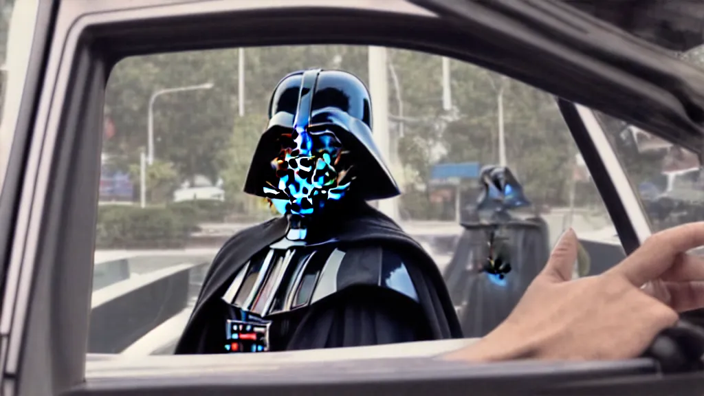 Prompt: Darth Vader at Mcdonalds Drive through, film still from the movie directed by Denis Villeneuve with art direction by Salvador Dalí, wide lens