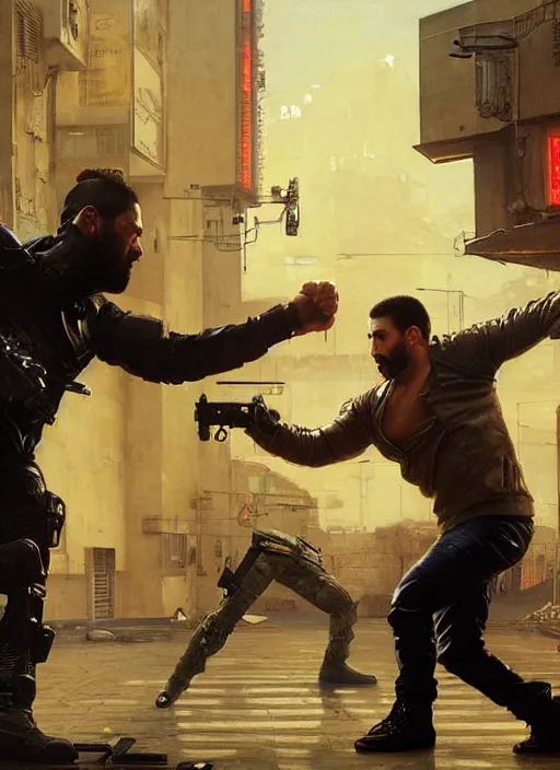 Image similar to big mike fighting javier. cyberpunk meathead wearing a military vest and combat gear. Meathead trying to intimidate cyberpunk hacker. (Cyberpunk 2077, bladerunner 2049). Iranian orientalist portrait by john william waterhouse and Edwin Longsden Long and Theodore Ralli and Nasreddine Dinet, oil on canvas. Cinematic, hyper realism, realistic proportions, dramatic lighting, high detail 4k