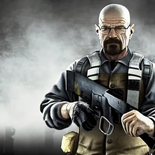 Image similar to walter white holding a machine gun in rainbow six siege, 4 k, highly detailed