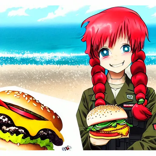 Prompt: Extremely Detailed and Full Portrait scene of Gooey Ocean scene in ink and refined sand, Red head pigtail anime woman with Military gear. Wearing a Army vest full body smiling while eating a sloppy cheese burger. The cheeseburger is leaking red sauce all over the beach by Akihito Yoshitomi AND Yoji Shinkawa AND Greg Rutkowski, Mark Arian trending on artstation